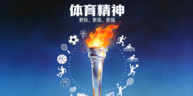 象征体育精神的火炬在蓝色背景中燃烧，周围有各种运动图标环绕